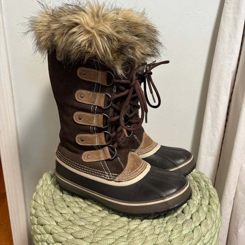 Sorel Joan Of Arctic Waterproof Fur Trim Brown Suede Lace Up Tall Winter Boots